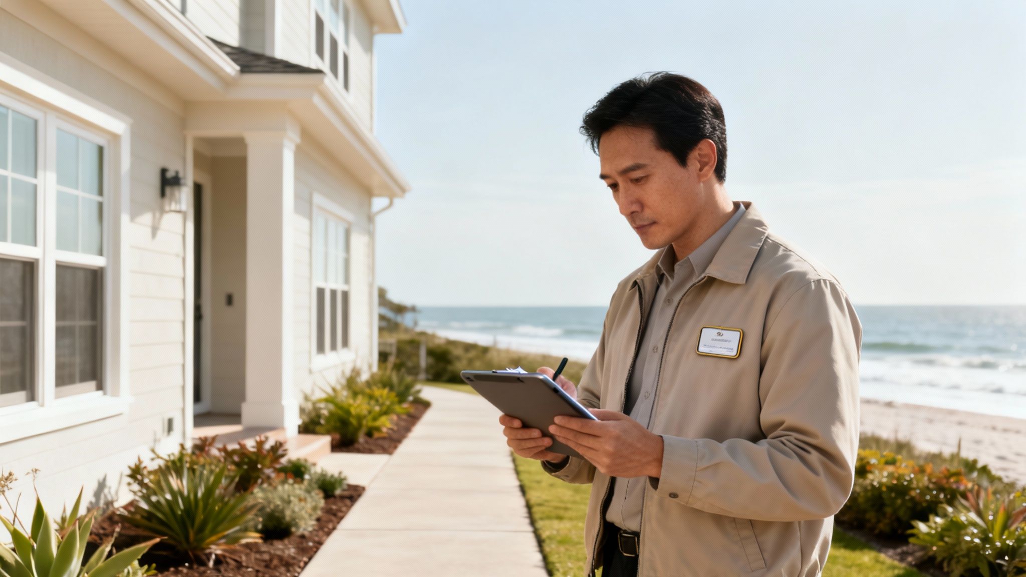 An Asian man in a uniform uses a tablet and pen outside a modern house near the beach.