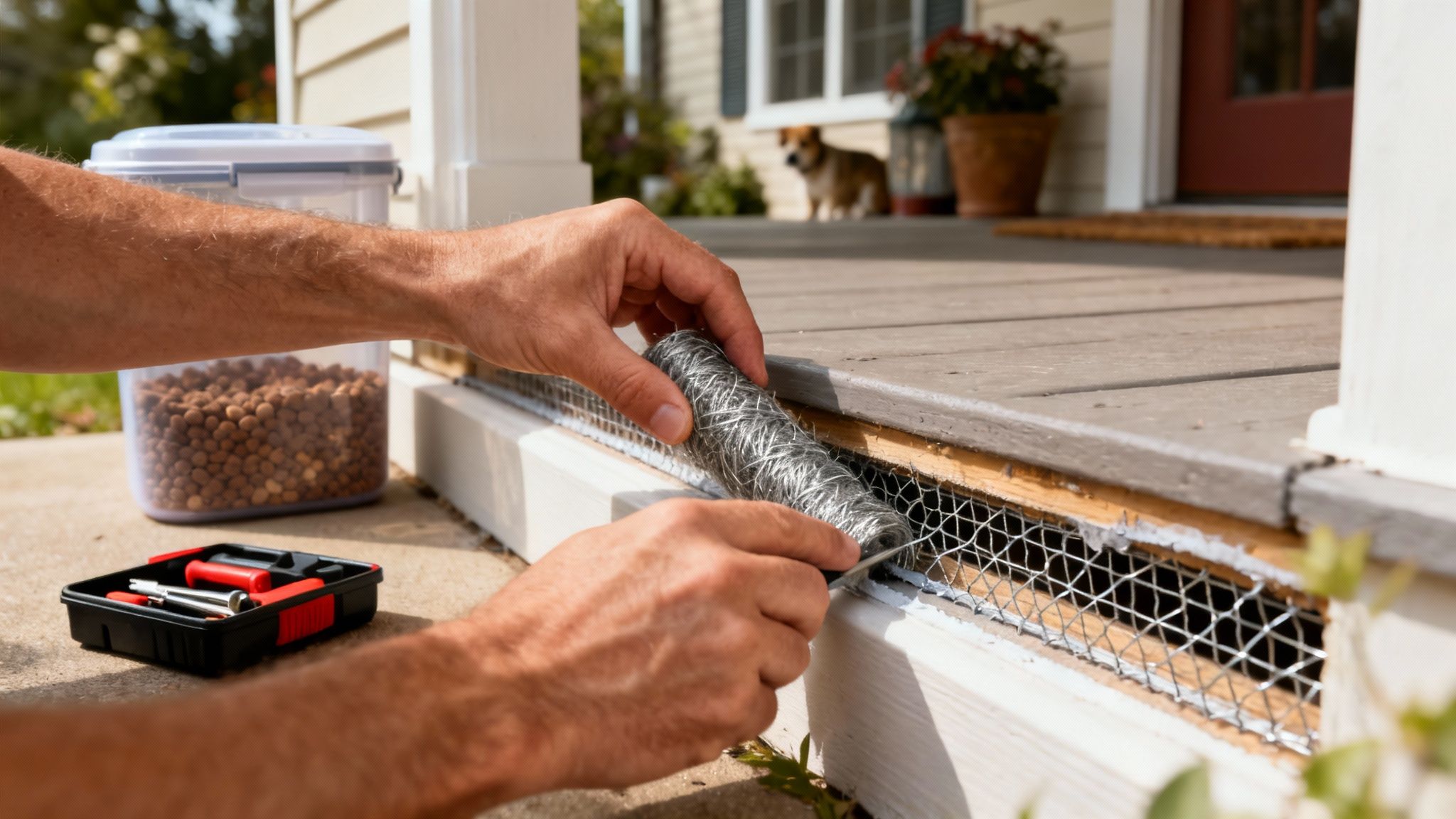 A hand wearing a yellow glove sealing a gap in a wall with caulk.