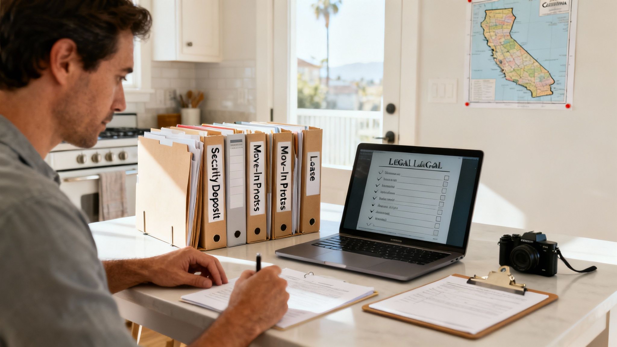 A man reviews property documents and a digital checklist on his laptop at a table.