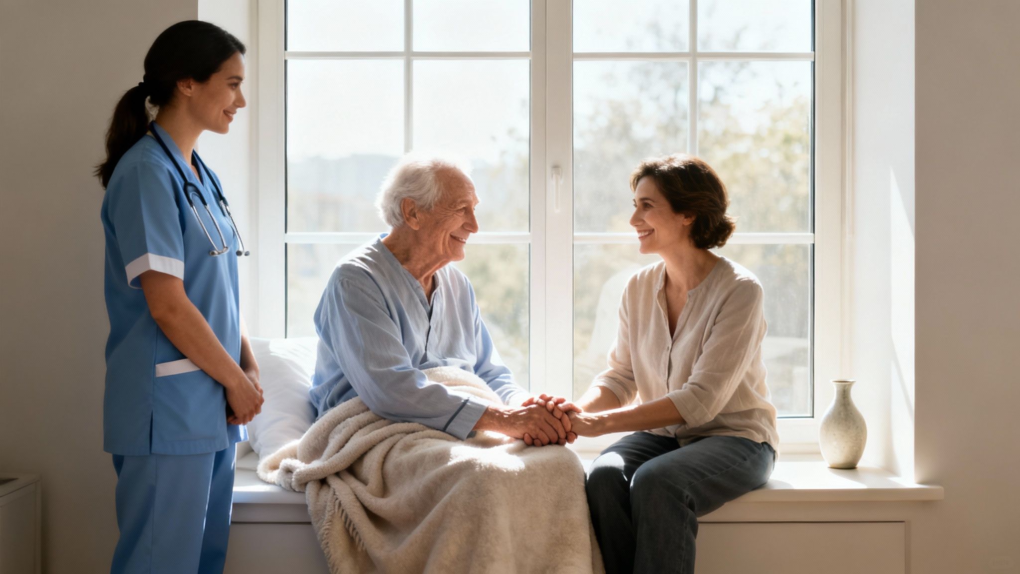 A nurse stands as an elderly man and younger woman hold hands, smiling by a sunny window.