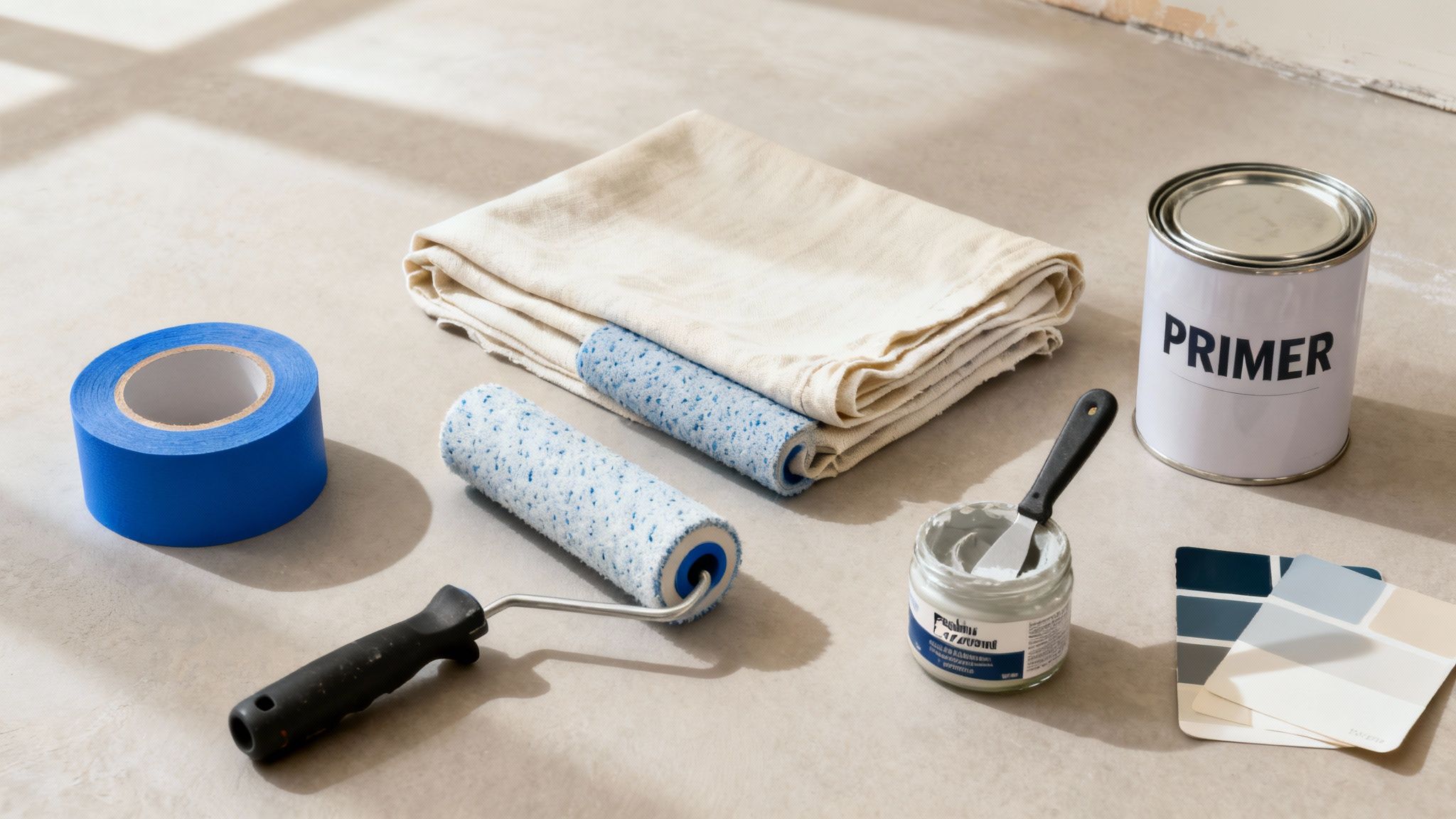 Painting supplies laid out on a floor, including tape, rollers, primer, and color swatches.