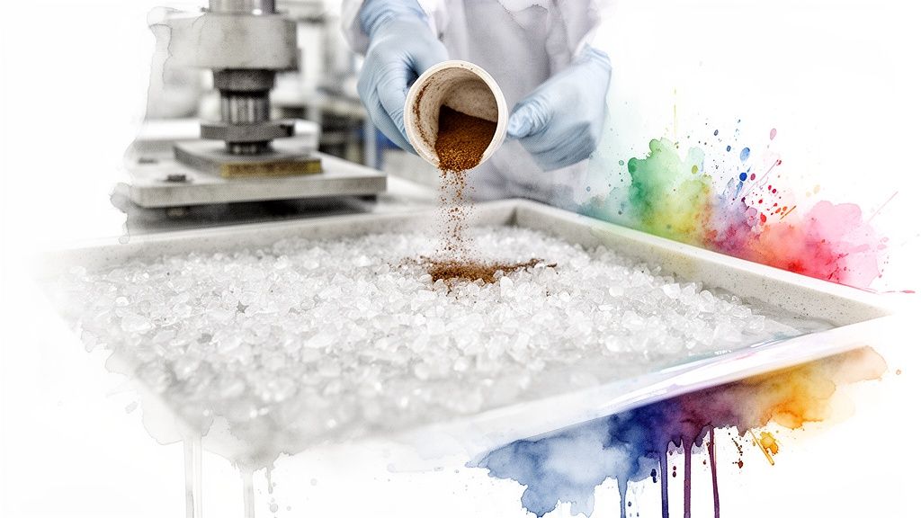 A gloved hand pours brown powder onto white crystals, blending science with colorful art.