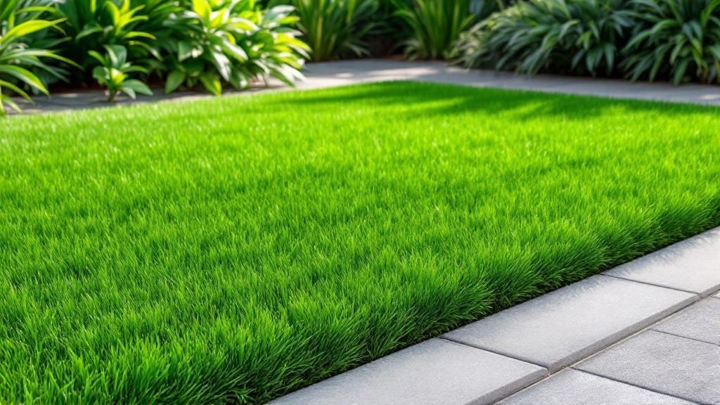 A modern backyard with high-quality artificial turf installed next to a patio and pool.