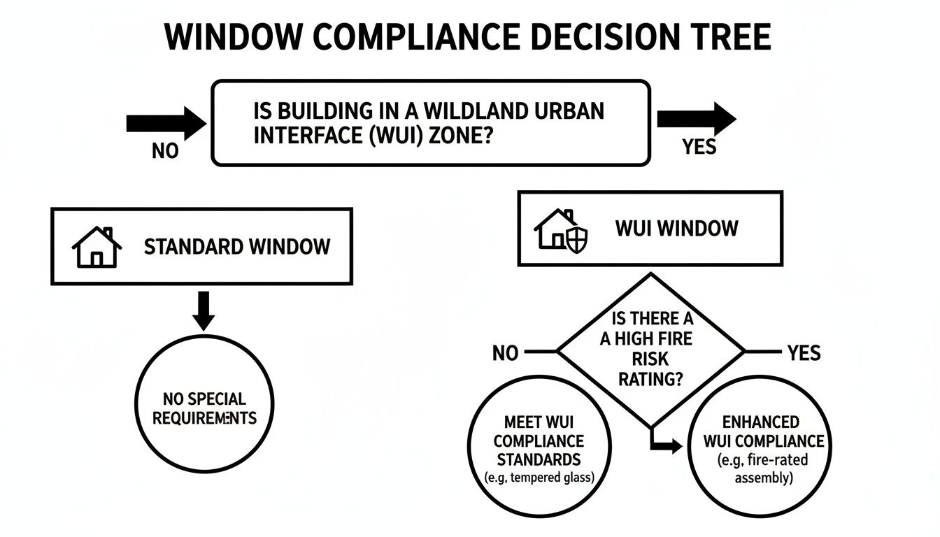 A decision tree flowchart outlining window compliance requirements based on WUI zone and fire risk rating.