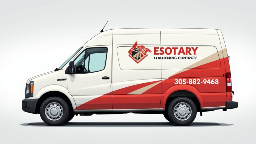 A professionally wrapped contractor van featuring a logo, contact information, and service list, parked on a street.