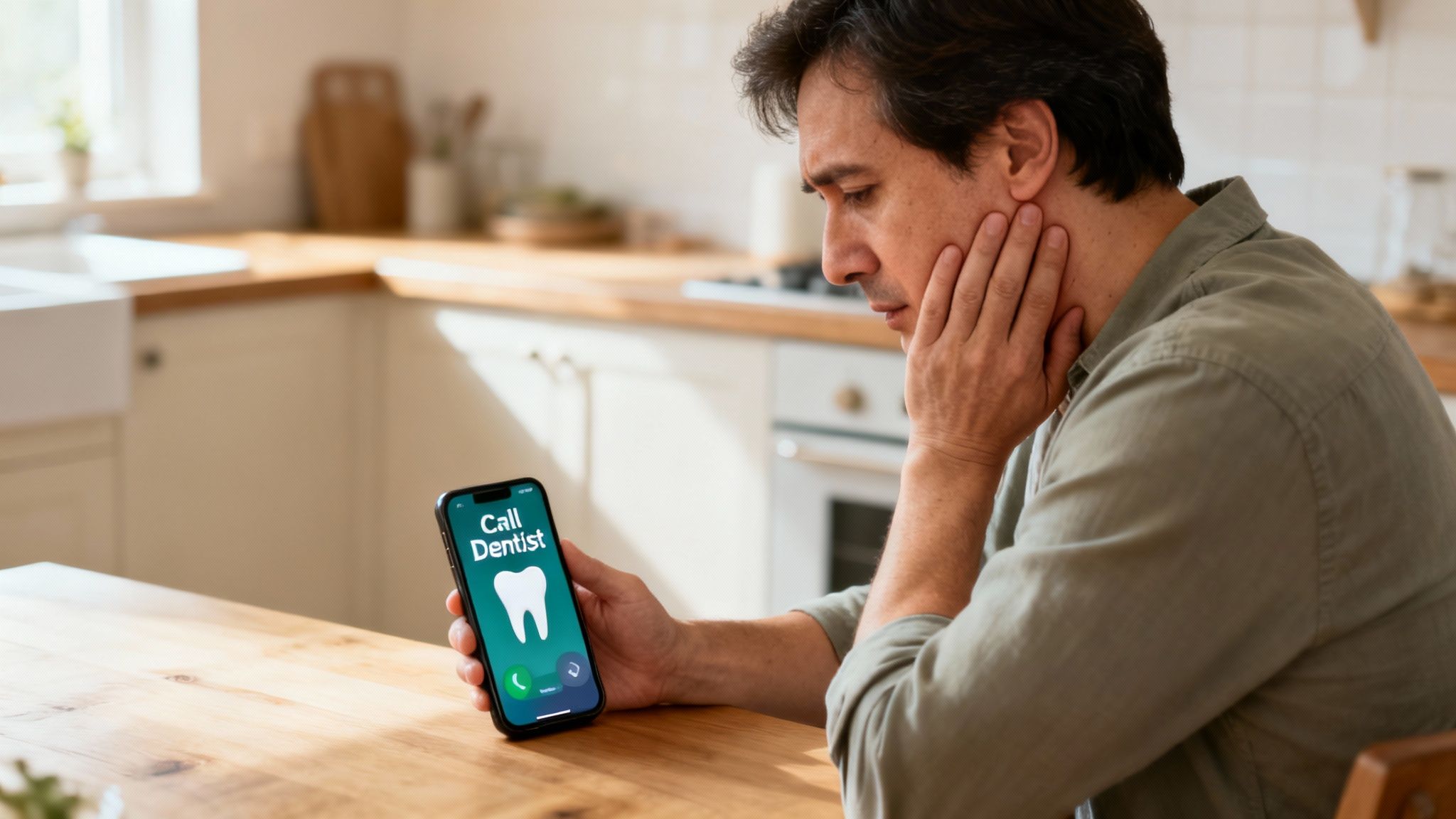 Man with toothache holding jaw looks at smartphone displaying 'Call Dentist' and a tooth icon.