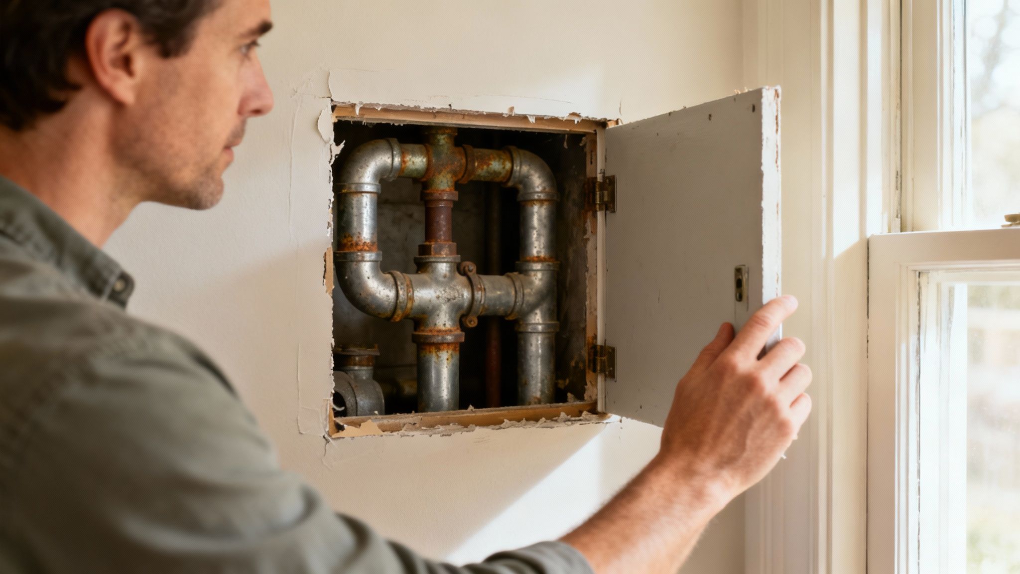 Close-up of a rusty, corroded pipe joint in a home's plumbing system.