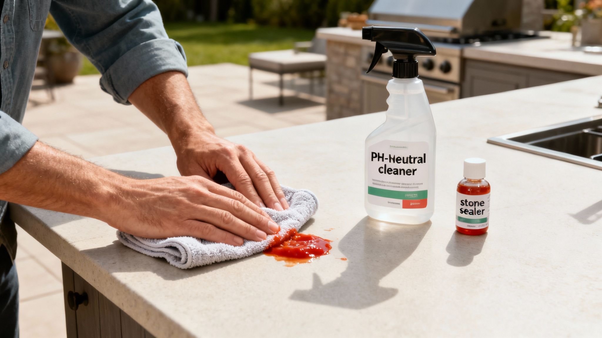 Person cleaning a red spill with a cloth on an outdoor kitchen countertop, with cleaning products.