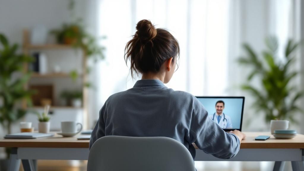 A healthcare professional conducts a virtual visit with a patient on a tablet.