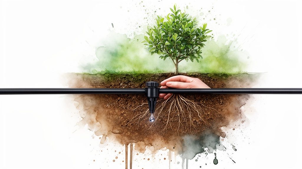 A hand adjusts a drip irrigation system watering a small tree with visible roots, emphasizing efficient water use.