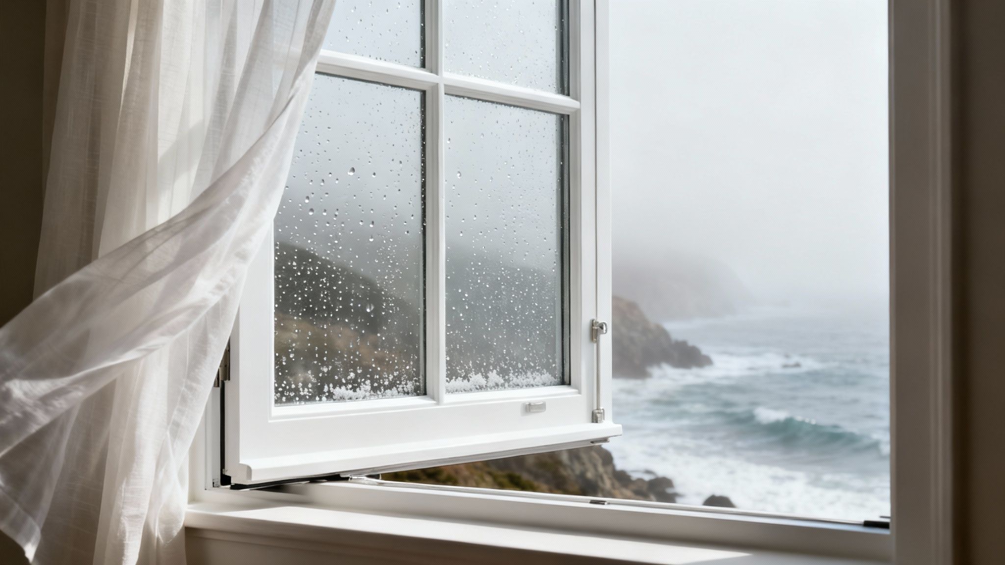 An open window with raindrops on the glass and a white curtain blowing, overlooking a misty ocean coastline.