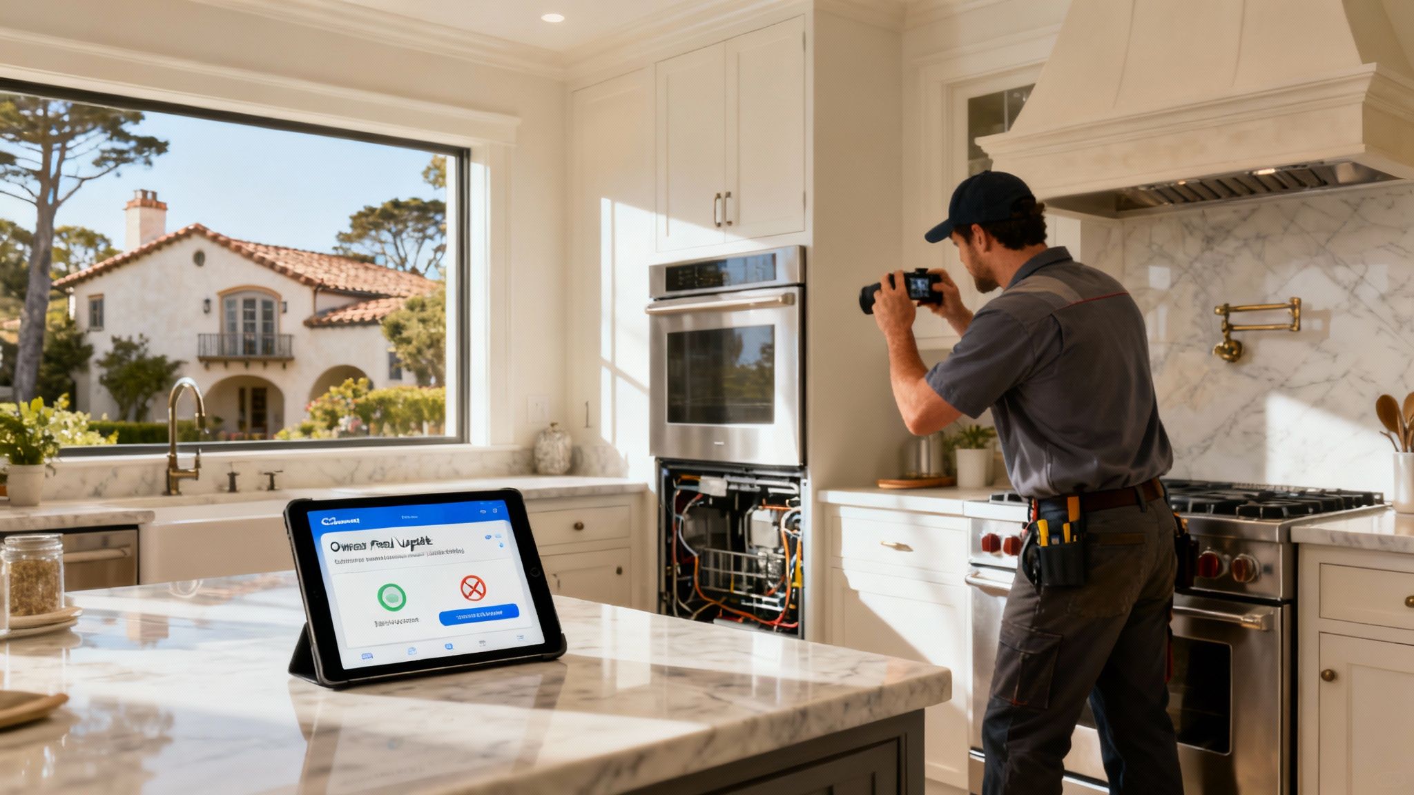 A property manager and property owner reviewing details on a tablet, illustrating clear communication.