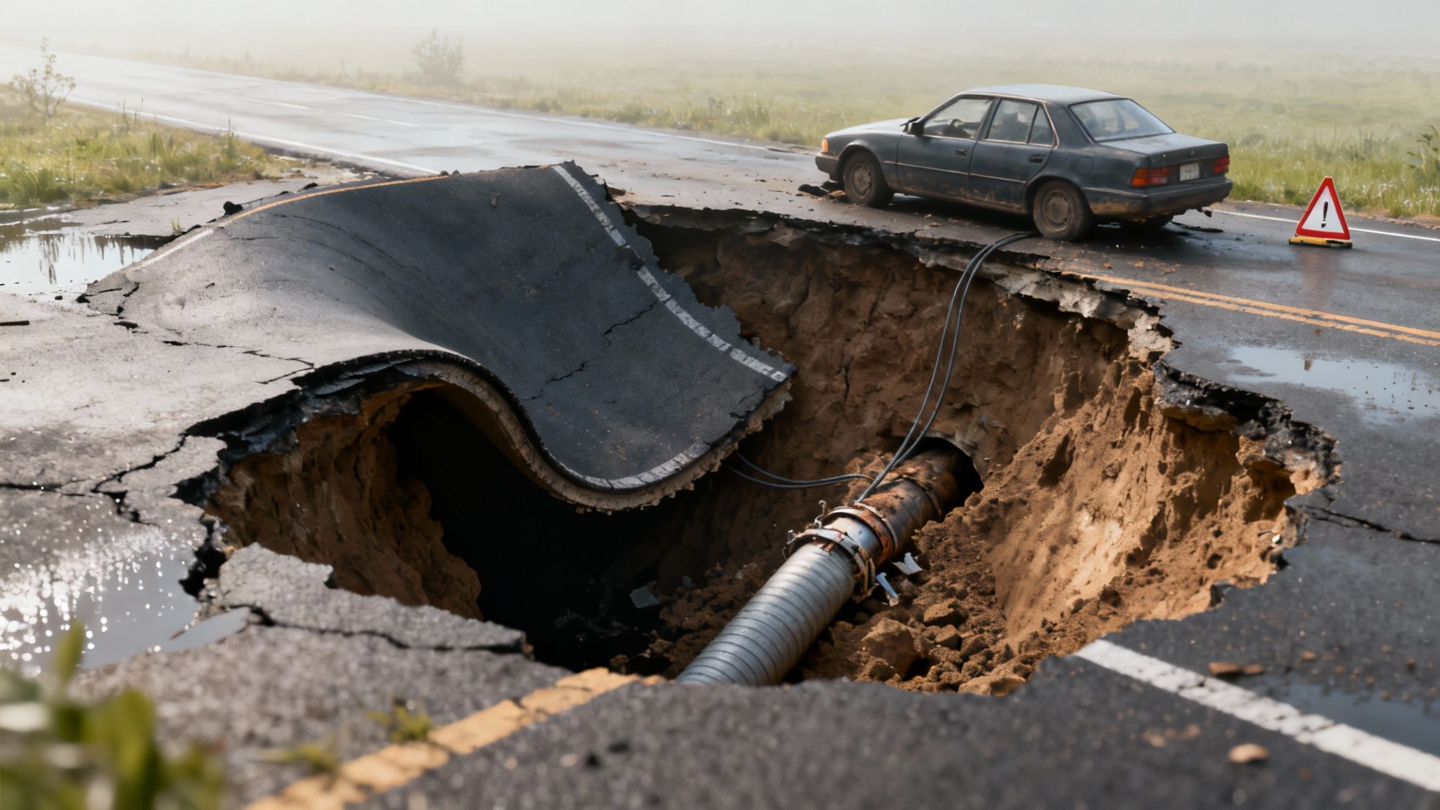 Rural road with a massive sinkhole, a car stopped, and exposed old drainage pipes.