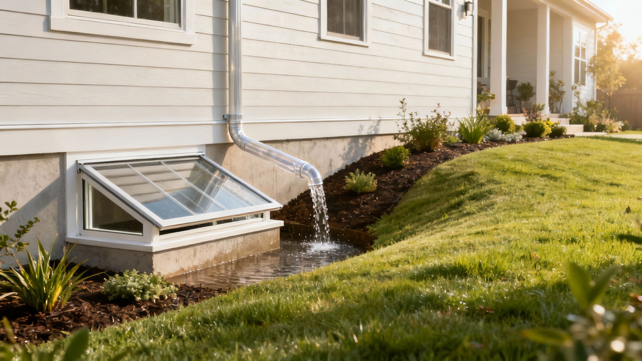 A well-maintained yard with proper grading and clean gutters around a house.