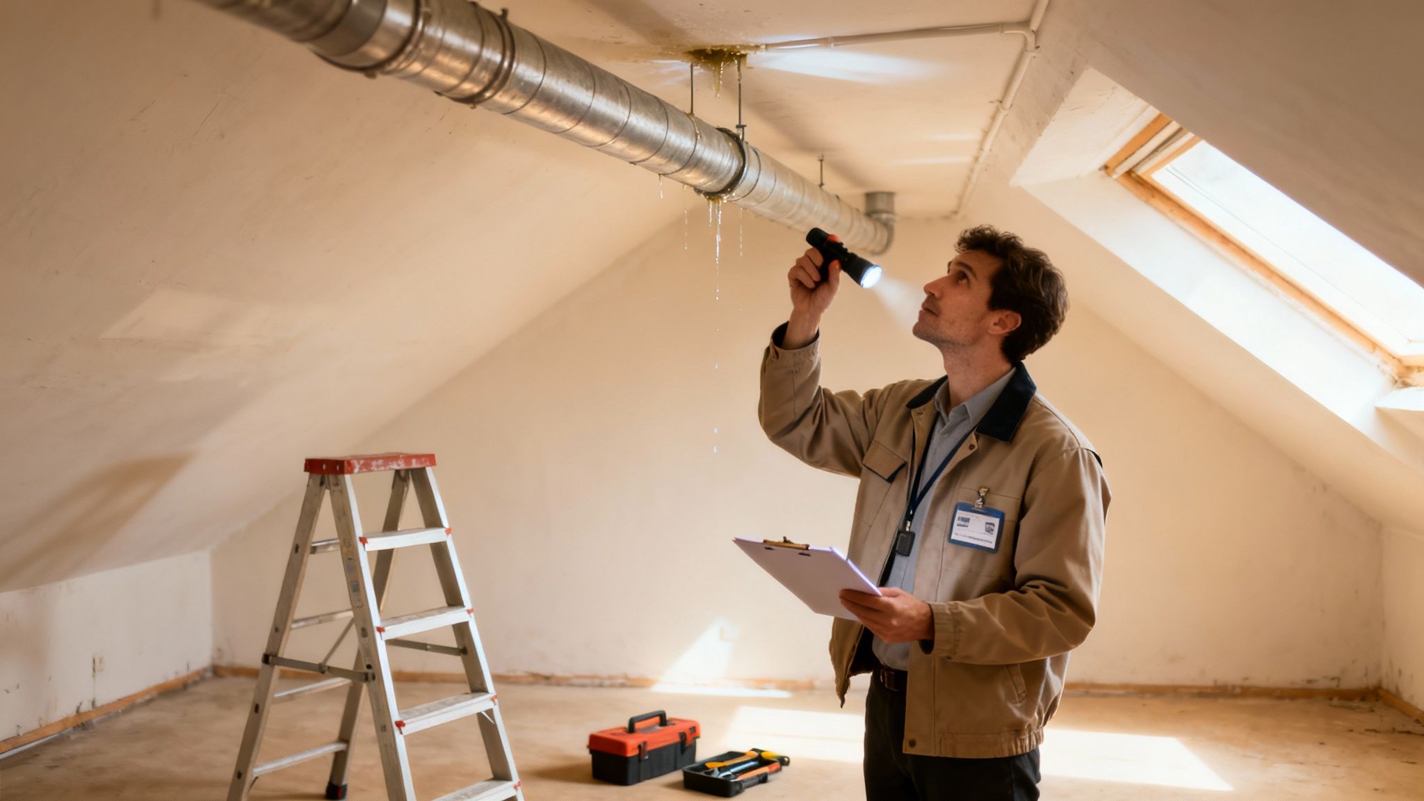 A property inspector examines a leaking pipe in an attic, holding a flashlight and clipboard.