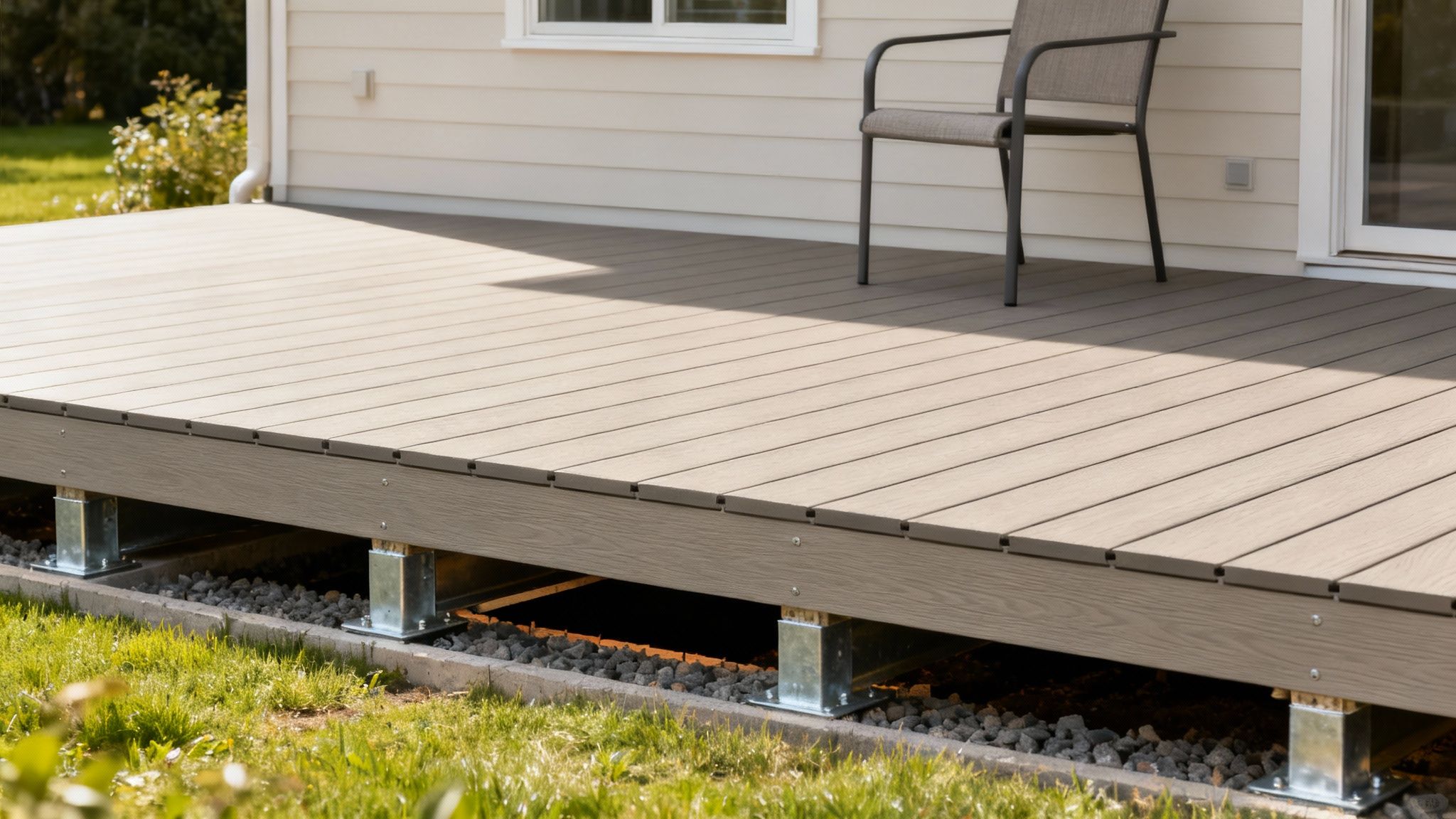 Landscaped yard with fire-resistant plants and a non-combustible gravel zone around a modern home's foundation.