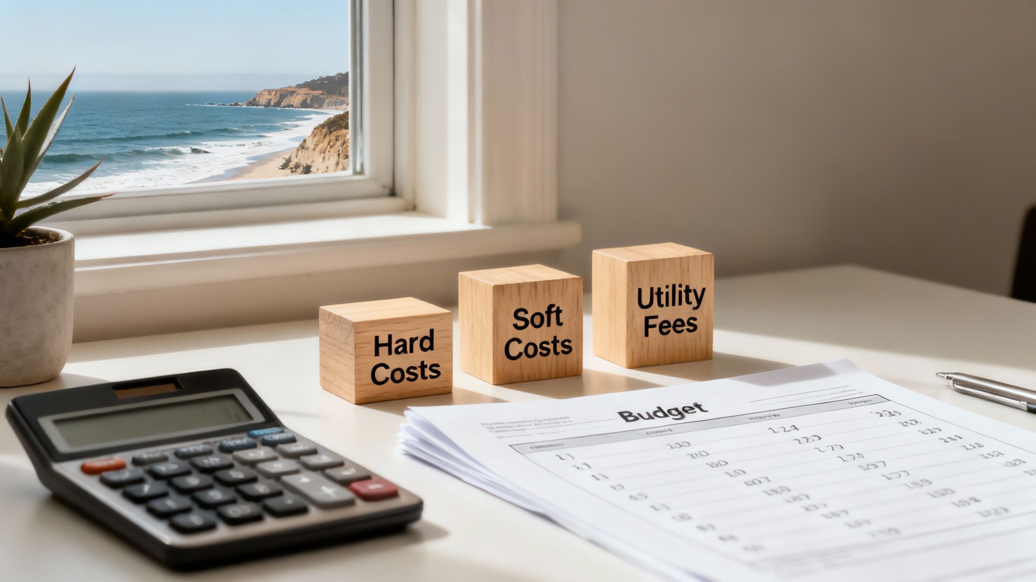 A desk with budget documents, a calculator, and wooden blocks detailing costs, overlooking an ocean view.
