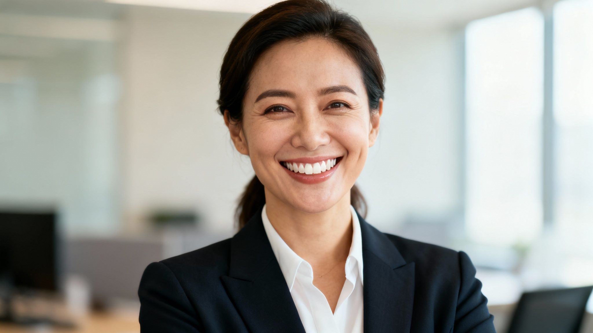 A confident, smiling Asian businesswoman in a suit poses in a modern office environment.