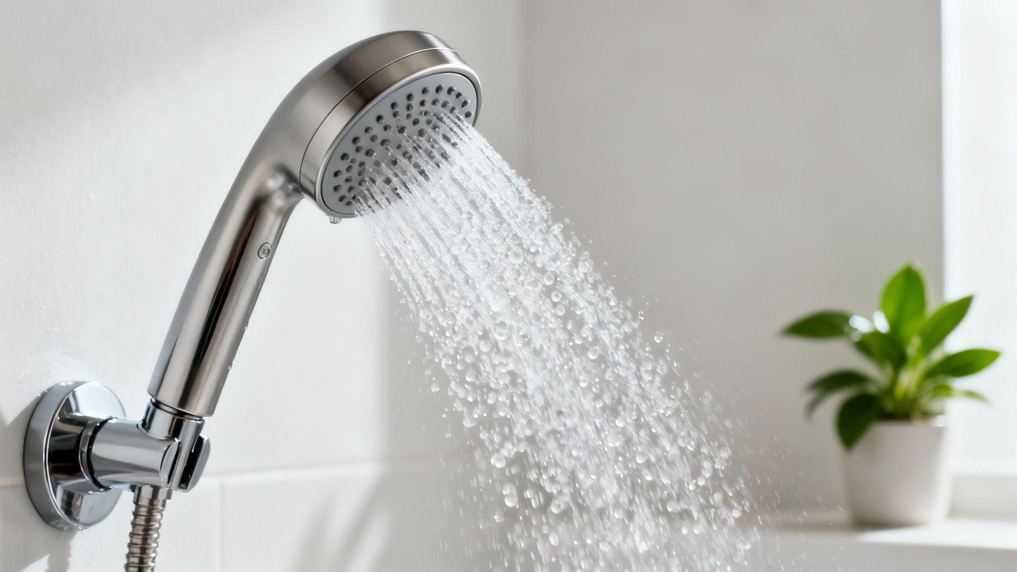 A chrome shower head spraying clear water in a modern bathroom, with a blurred plant.