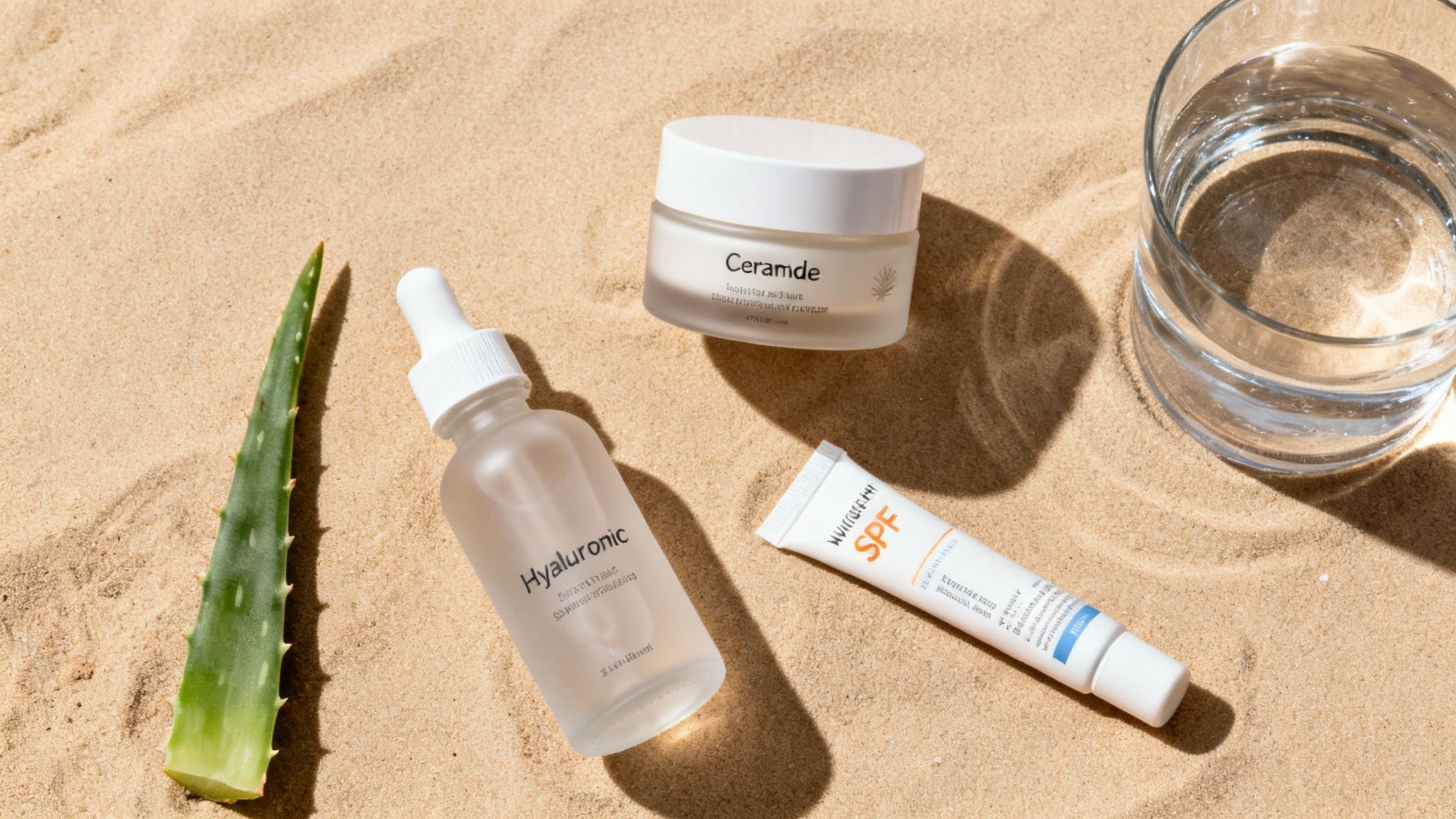 Skincare products including ceramide moisturizer, hyaluronic serum, and SPF sunscreen on sand with aloe vera