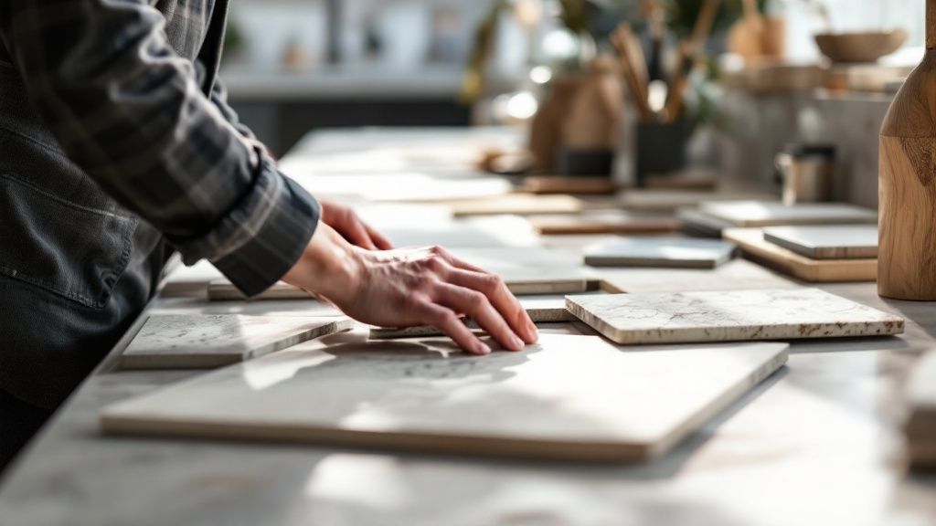 A stunning collection of quartzite and marble slabs displayed in a bright, clean showroom.