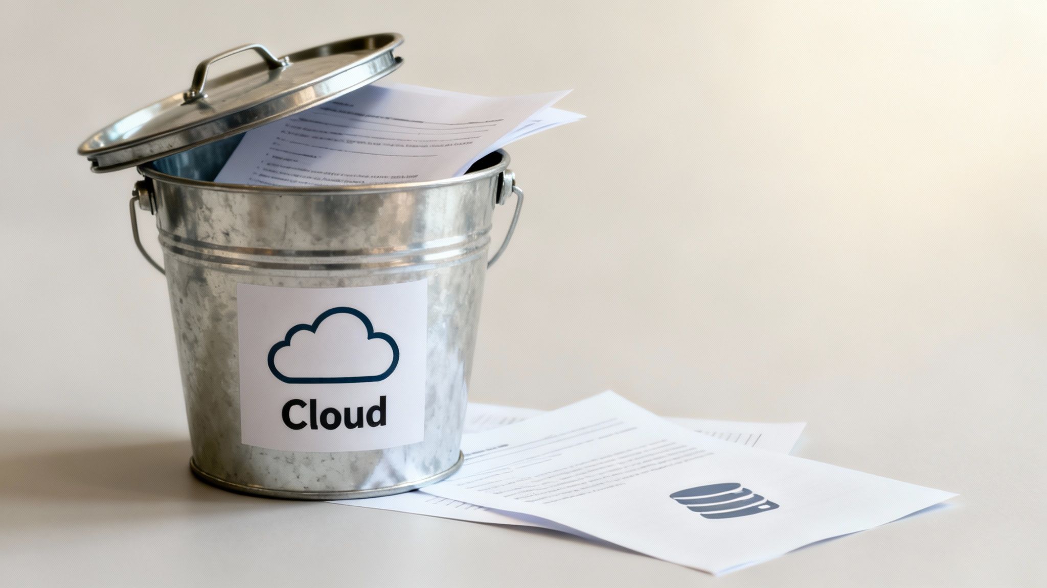 A metal bucket labeled 'Cloud' filled with documents, next to papers with a database icon.