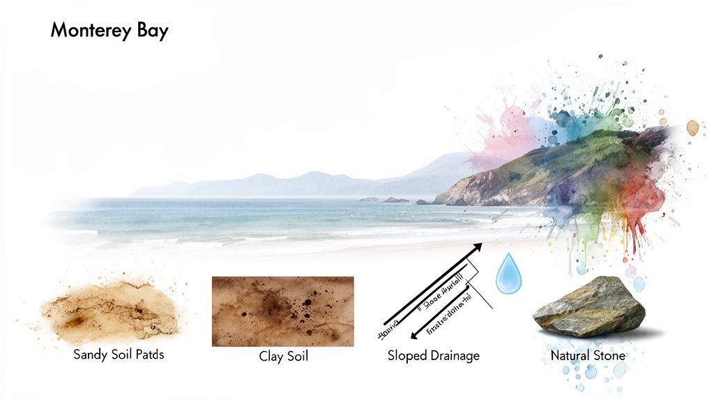 An illustration of Monterey Bay with representations of sandy soil, clay soil, sloped drainage, water, and natural stone.