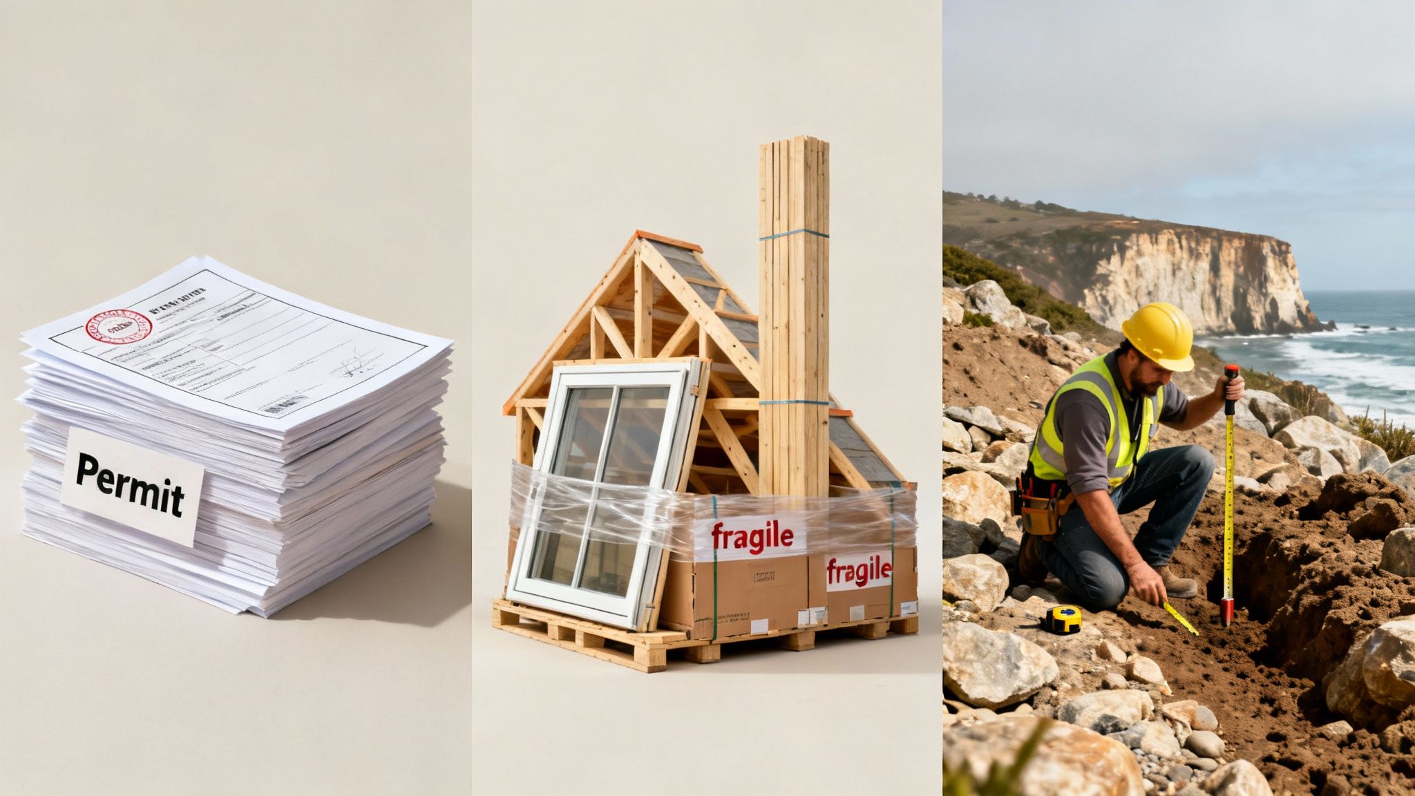 A triptych showing construction elements: permits, building materials, and a worker measuring on a site.