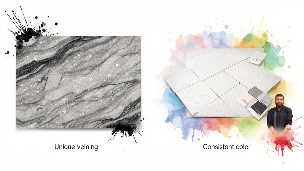 A split image comparing a stone with unique veining to consistent color quartz tiles.