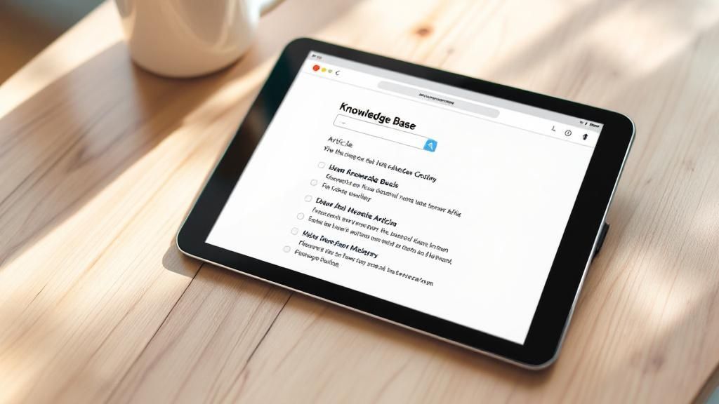 A person is shown interacting with a knowledge base interface on a computer screen, symbolizing self-service and information access.