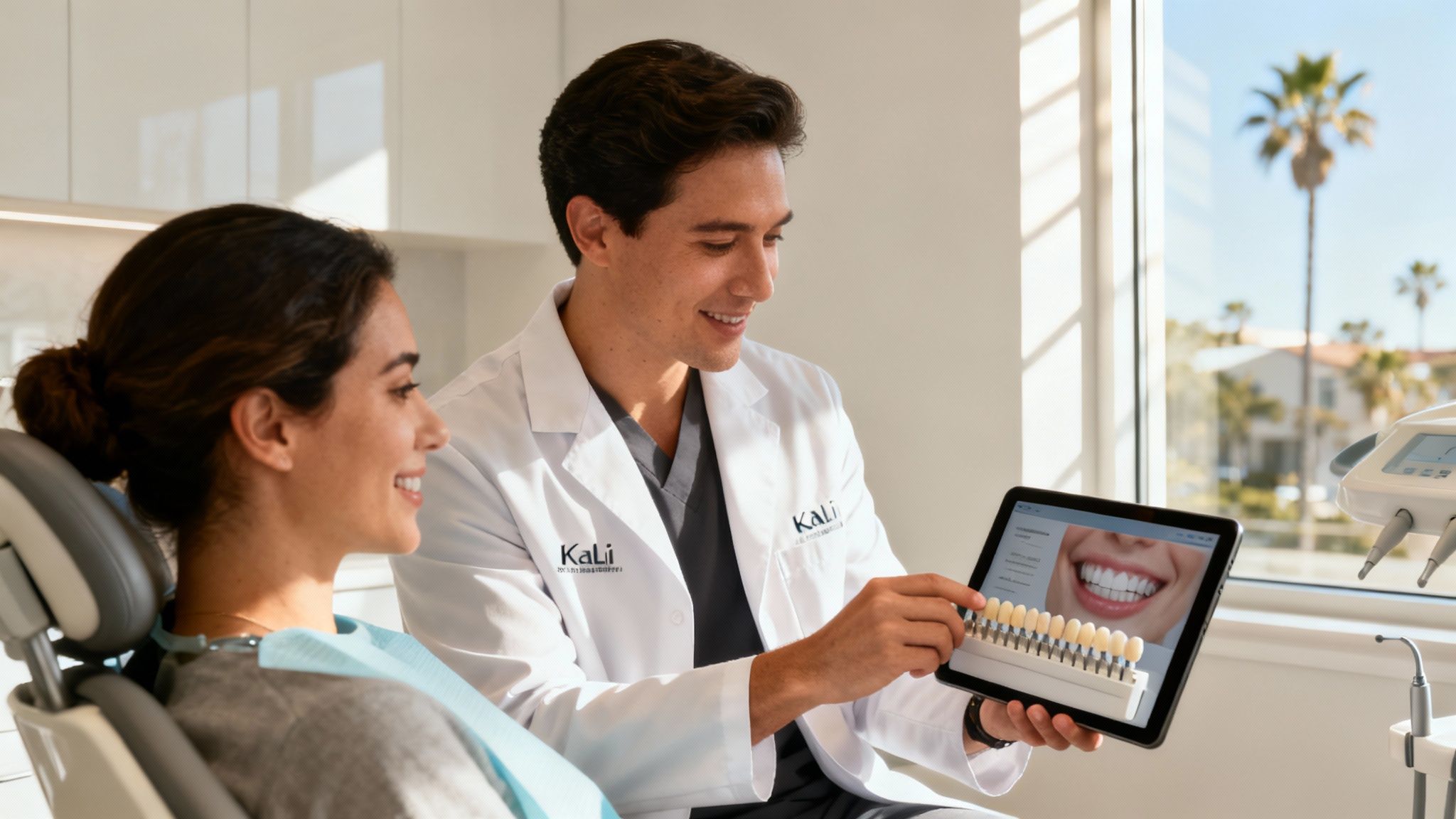 A smiling dental professional consulting with a patient at Kali Dental.