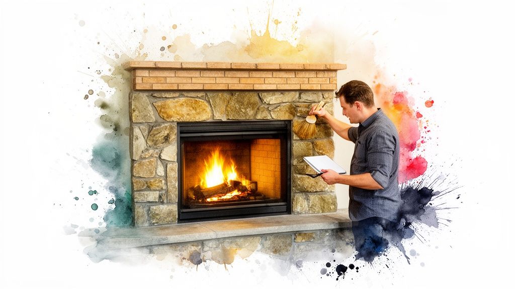 Man inspecting a traditional stone and brick fireplace with a lit fire, holding a brush and tablet.