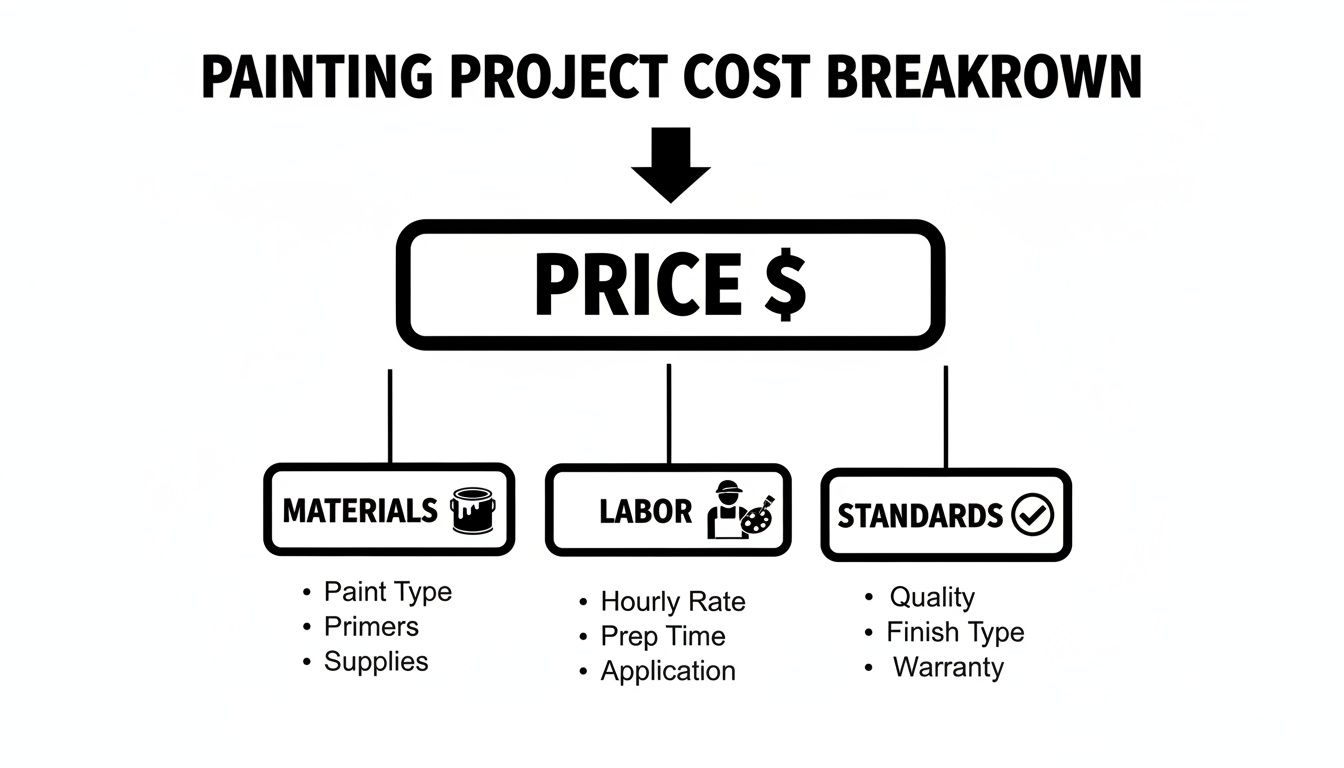 A diagram illustrating the breakdown of a painting project's cost, including materials, labor, and standards.