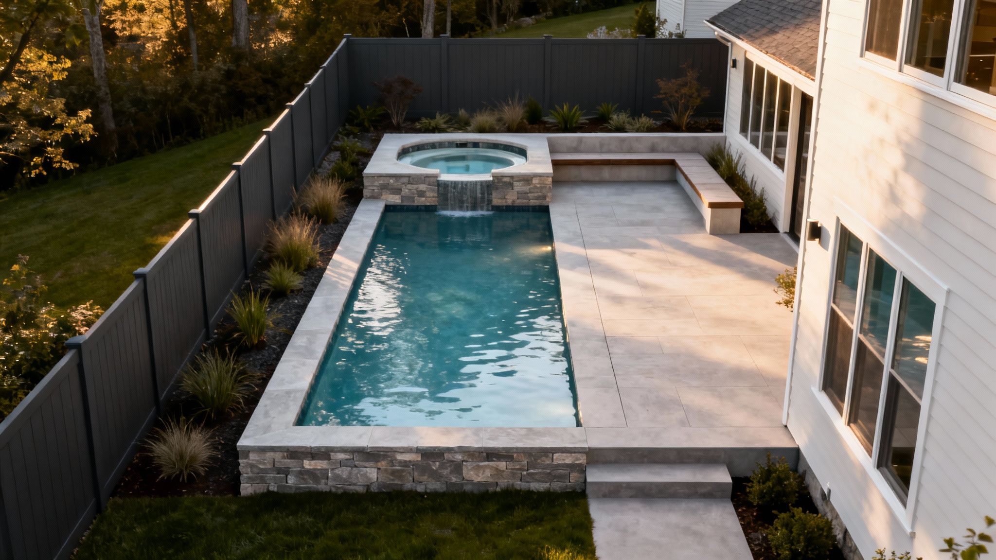 Modern backyard featuring a rectangular swimming pool, a hot tub with waterfall, and a stone patio.