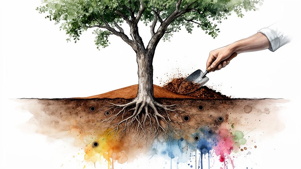 Watercolor illustration of a tree with roots being fertilized by a hand, colorful nutrients below.