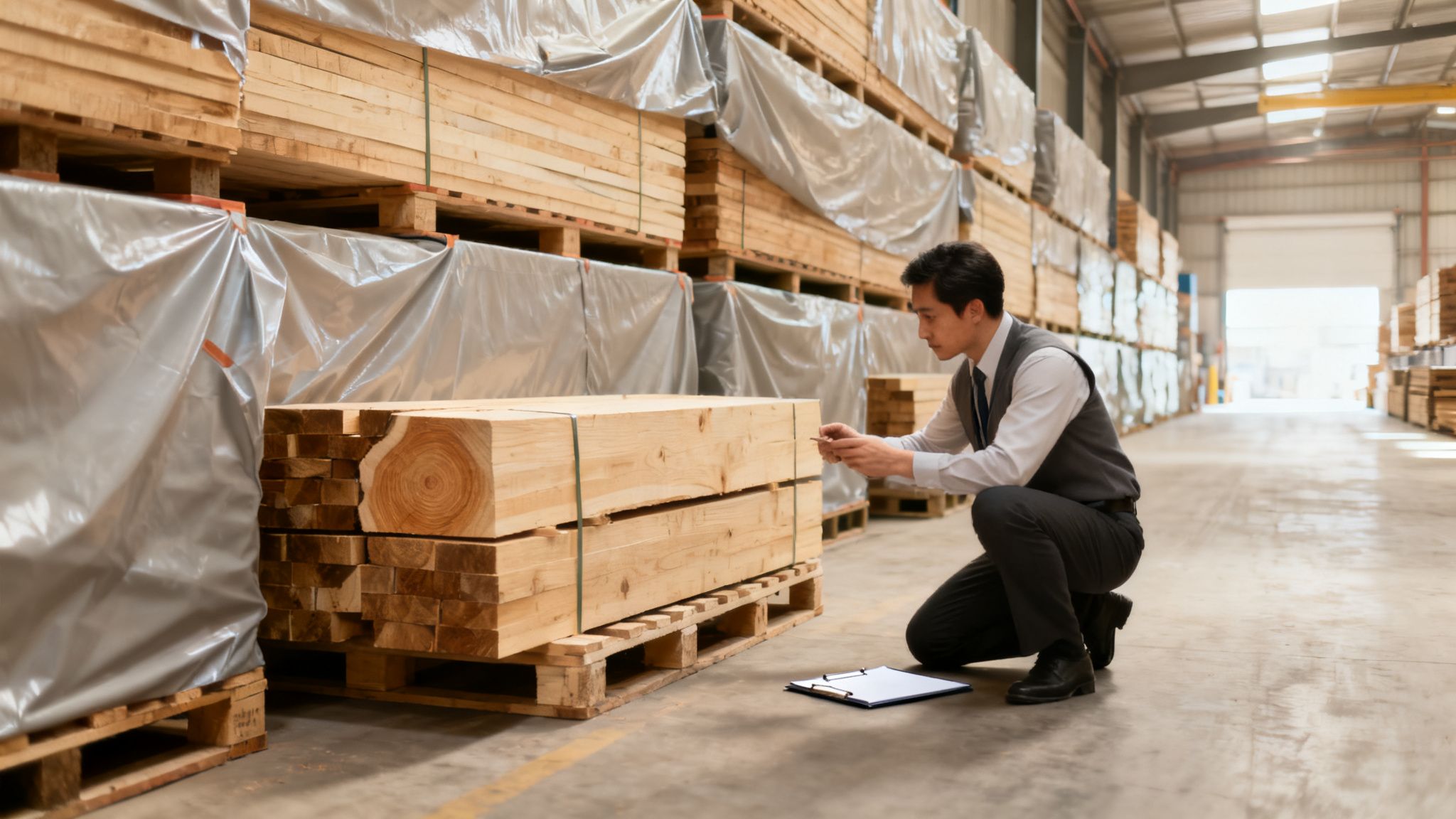 A man in a vest and shirt kneels, inspecting stacked wooden planks on pallets in a lumber warehouse.