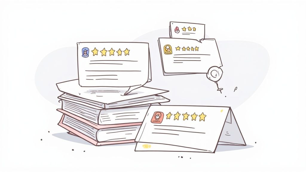 Illustration of customer reviews with star ratings on cards, placed on and around stacked books.