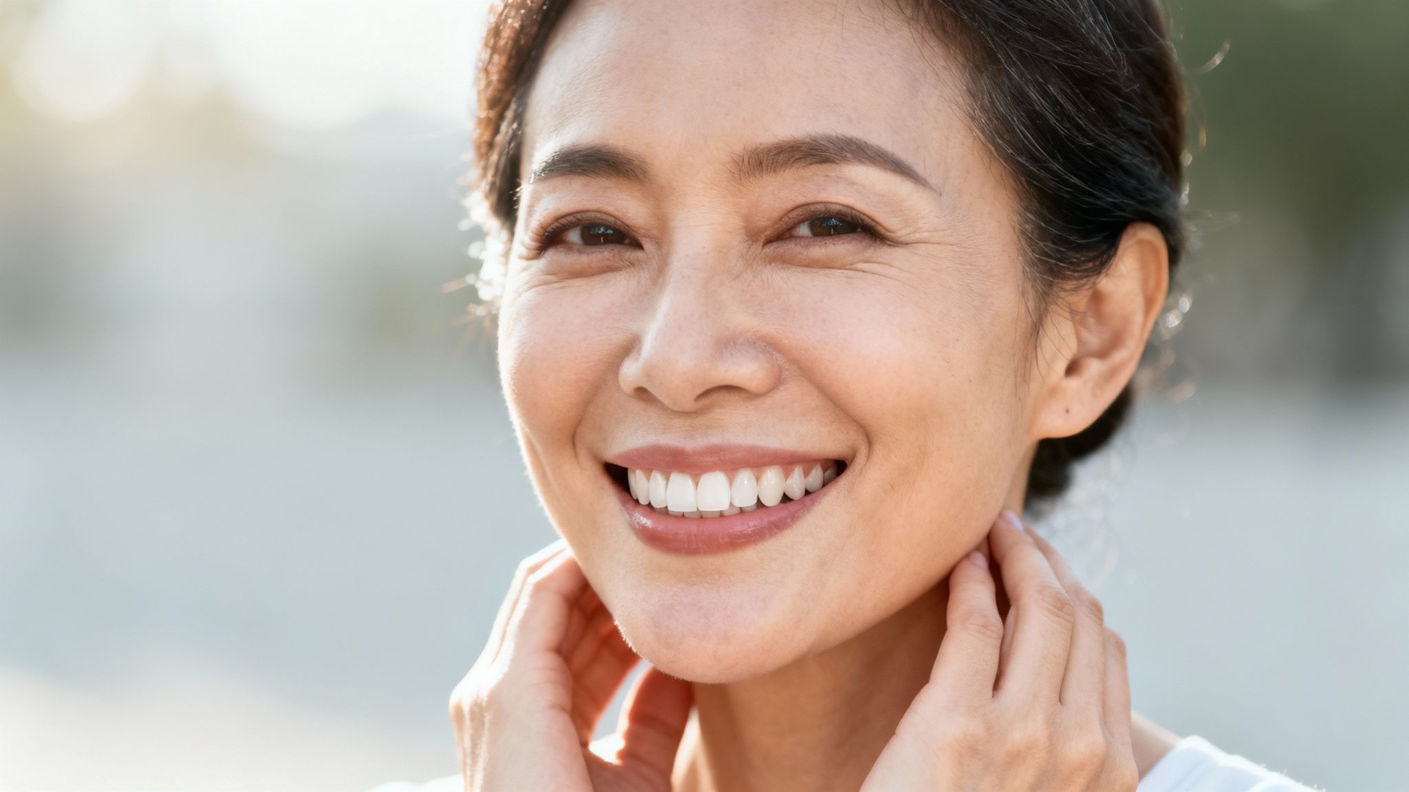 Close-up of a happy middle-aged Asian woman with a radiant, healthy smile outdoors.