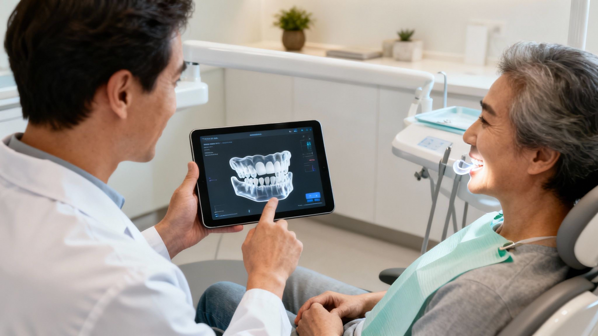 Dentist showing an adult patient a 3D dental scan of teeth on a tablet during a consultation.