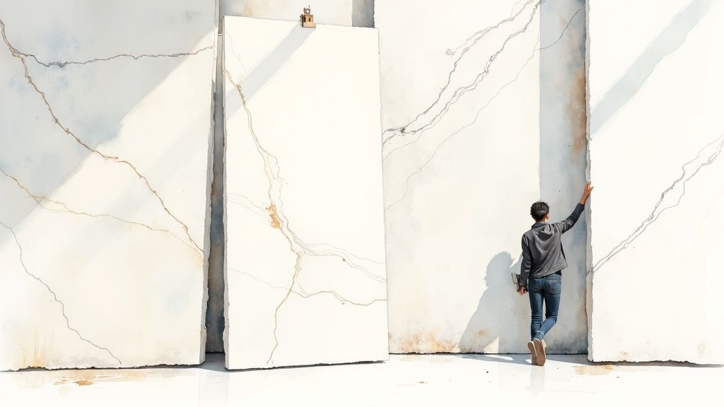 A person stands admiring large white marble slabs with natural gold and grey veining.