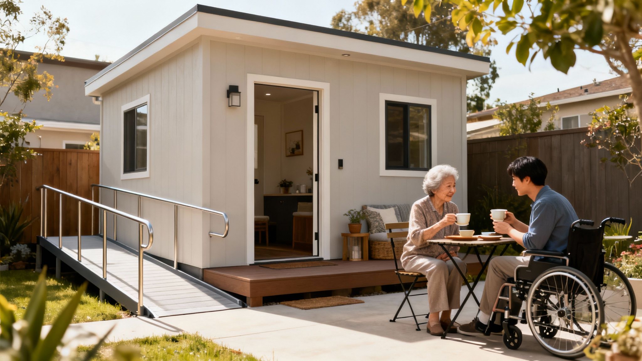 An elderly woman and a man in a wheelchair enjoy coffee outside an accessible ADU.