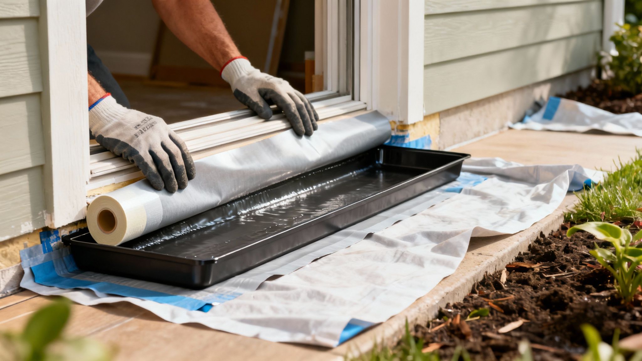 A person in gloves unrolls a waterproofing membrane into a liquid-filled tray during window installation.