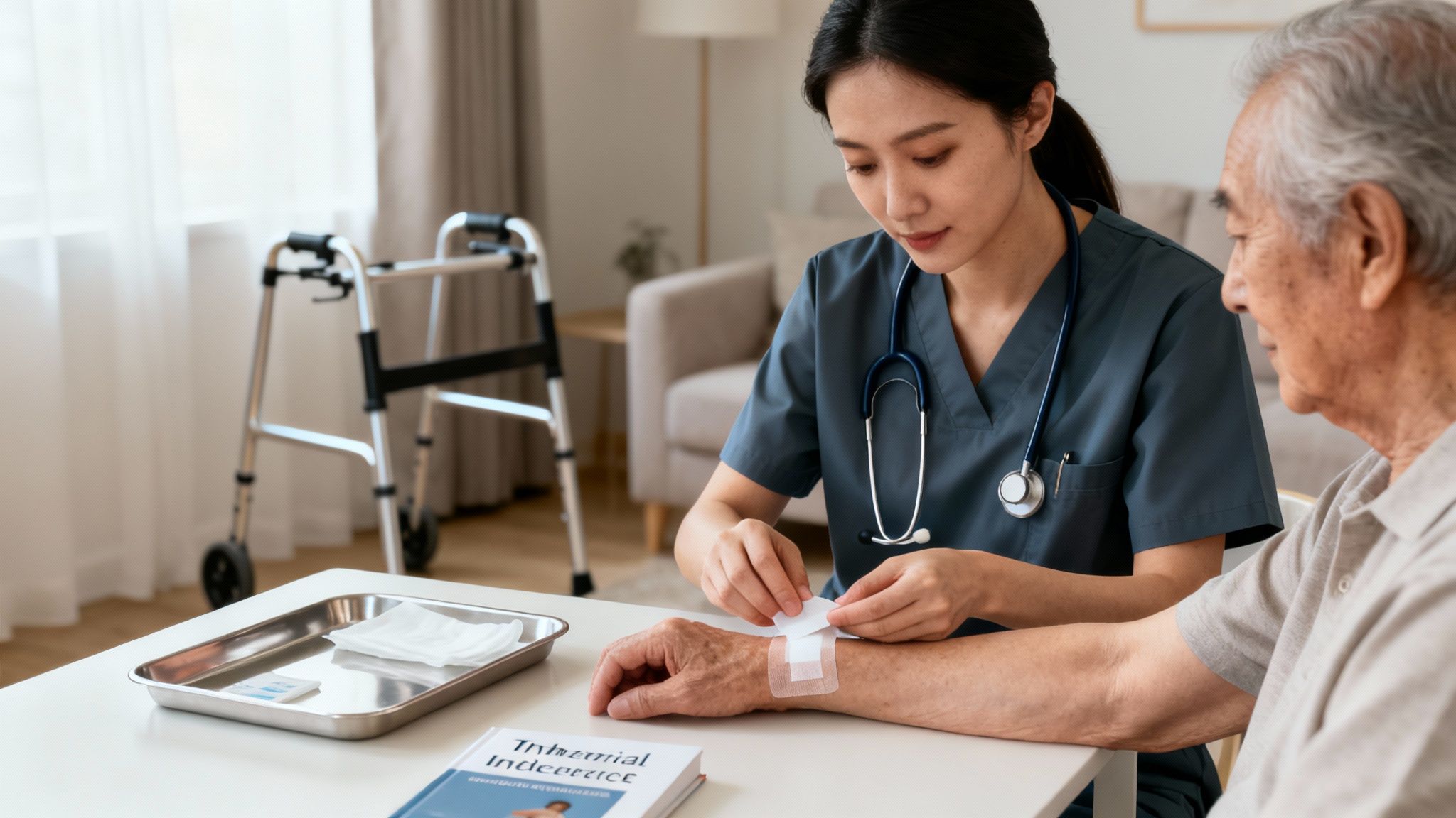 A kind nurse applies a bandage to an elderly man's wrist during a home care visit.
