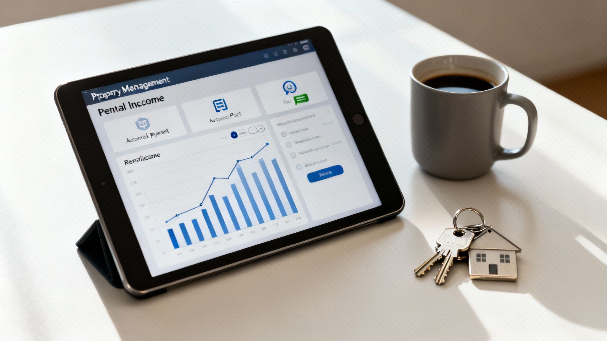 Tablet displaying property management rental income graph, coffee mug, and house keys with a keychain.