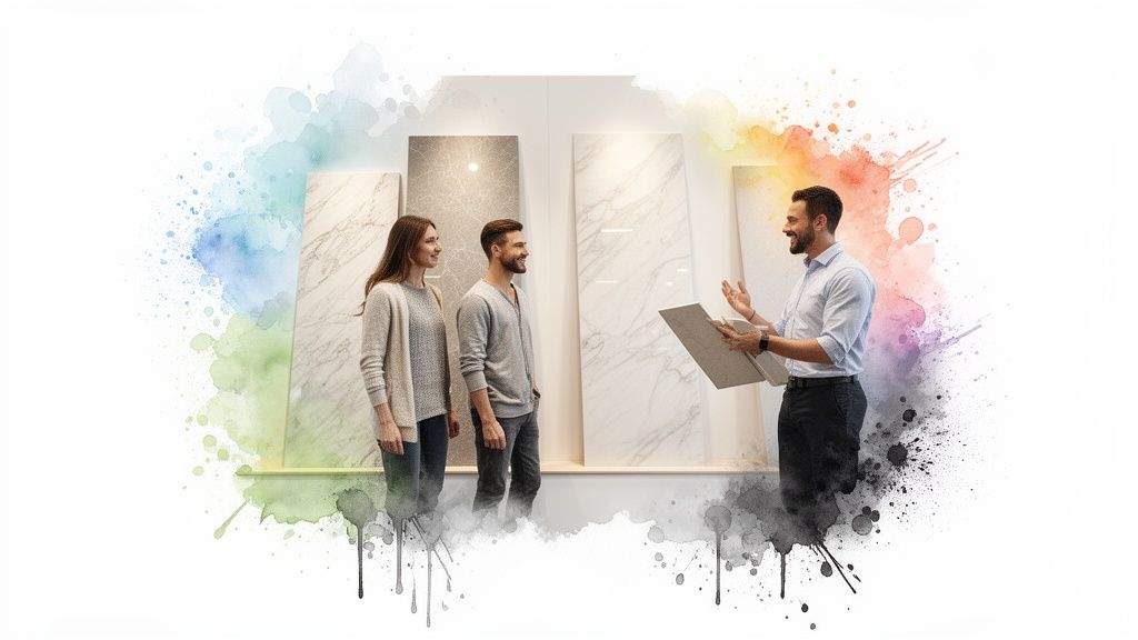 A smiling couple and a salesman discuss large porcelain slabs in a bright showroom.