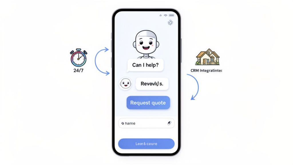 Smartphone app showing a chatbot interface for customer service, with 24/7 service and CRM integration.