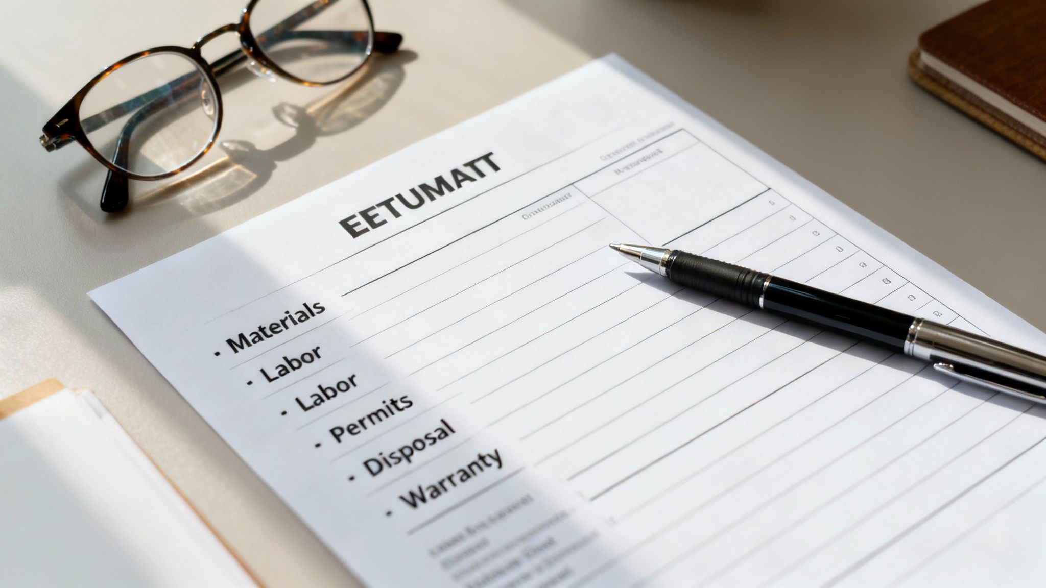 A document titled 'ESTIMATE' with a list including materials and labor, next to a pen and glasses.