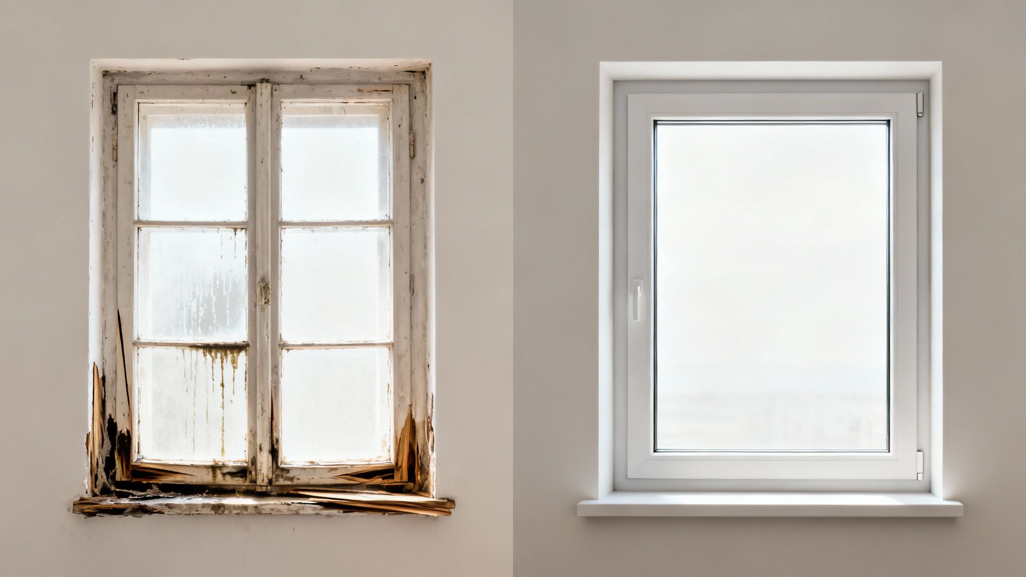 Before and after showing a decaying old window replaced by a new, clean white window.