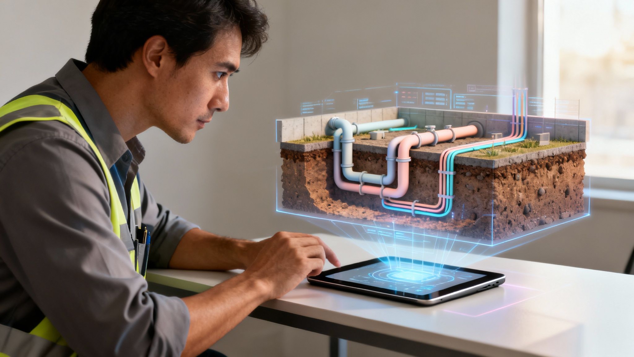 An engineer in a safety vest uses a tablet to view a holographic projection of underground utilities.