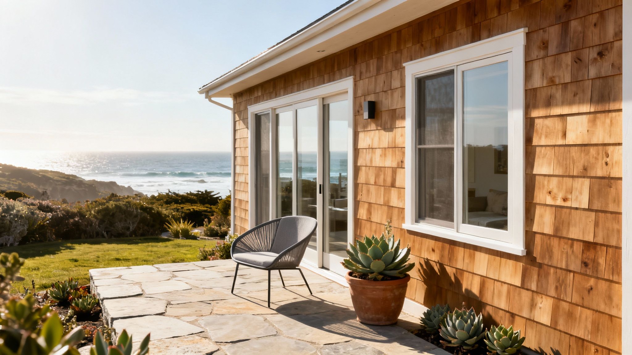 A charming house with wooden shingles and a patio overlooking a sunny ocean landscape.